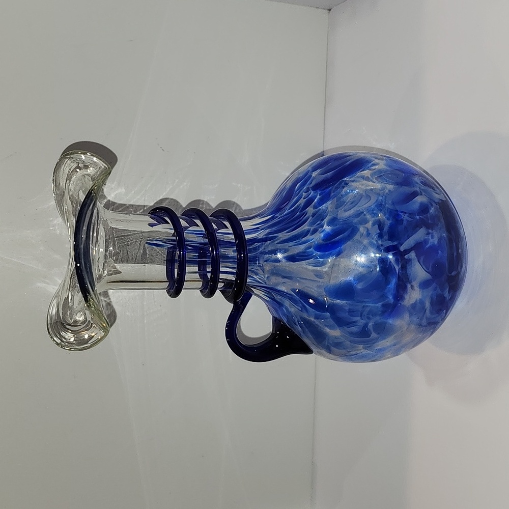 Vintage Art Glass Cobalt Blue Splatter Vase Applied Handle Ruffled Edge 8.5"
